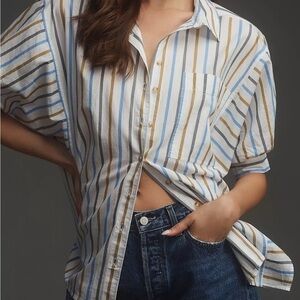 Anthropologie striped puffed sleeve button down shirt